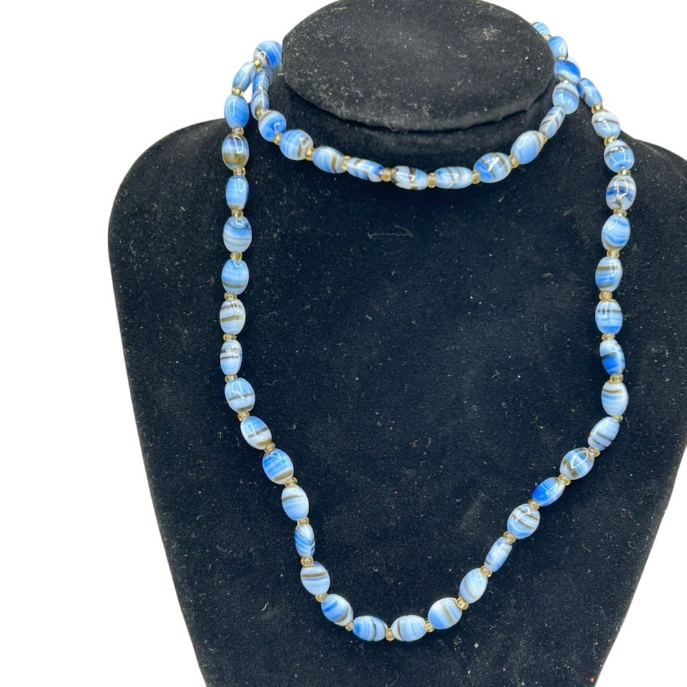 Handmade Blue White Swirl Glass Bead Necklace Artisan Boho Statement - Picture 2 of 10